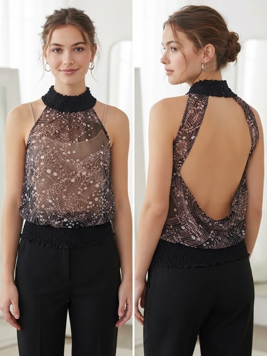 bebe Tops - bebe Black and Dusty Pink Abstract Sheer Halter Top